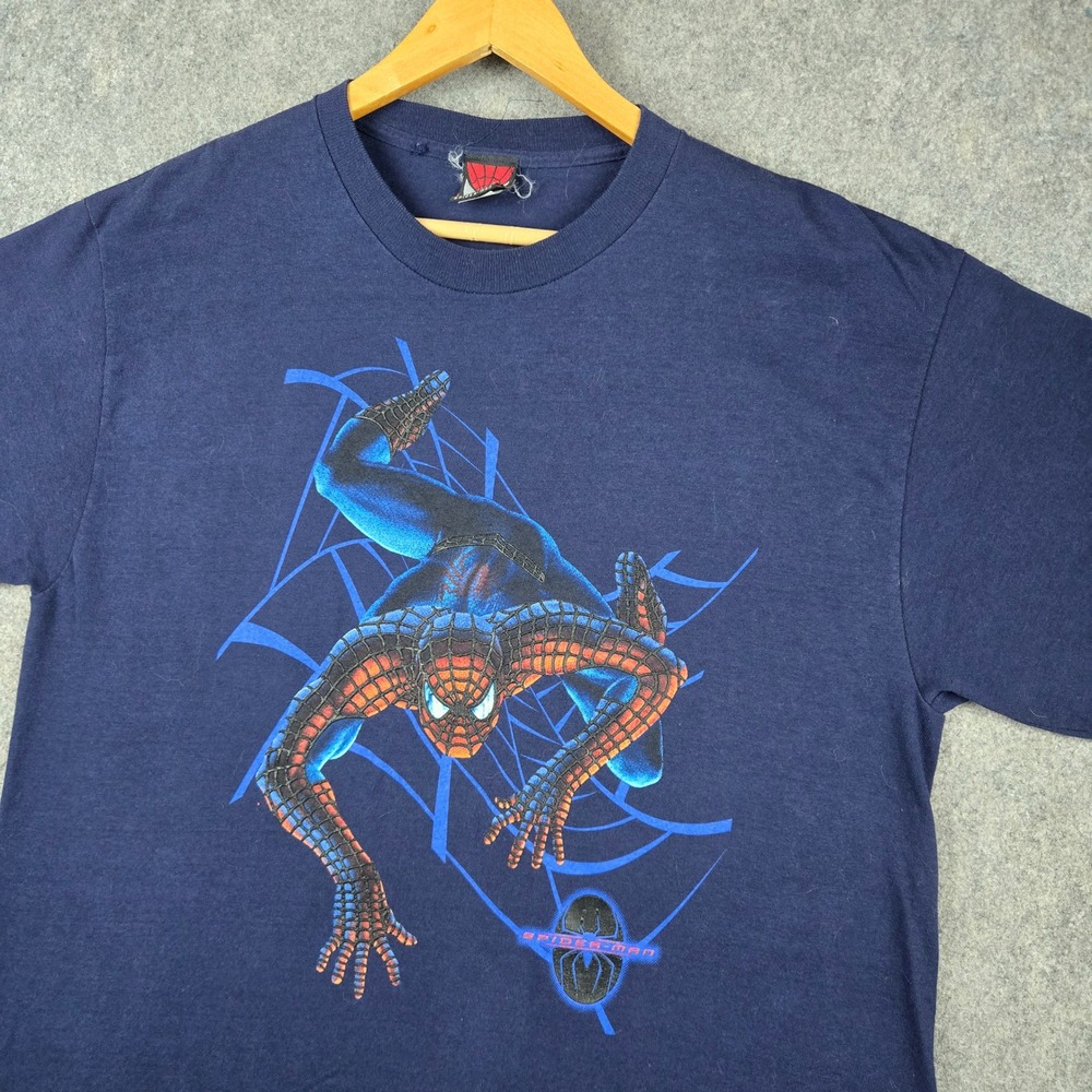 Vintage Spiderman T Shirt Mens Large Navy Blue Marvel 2002 Movie Promo Y2K USA